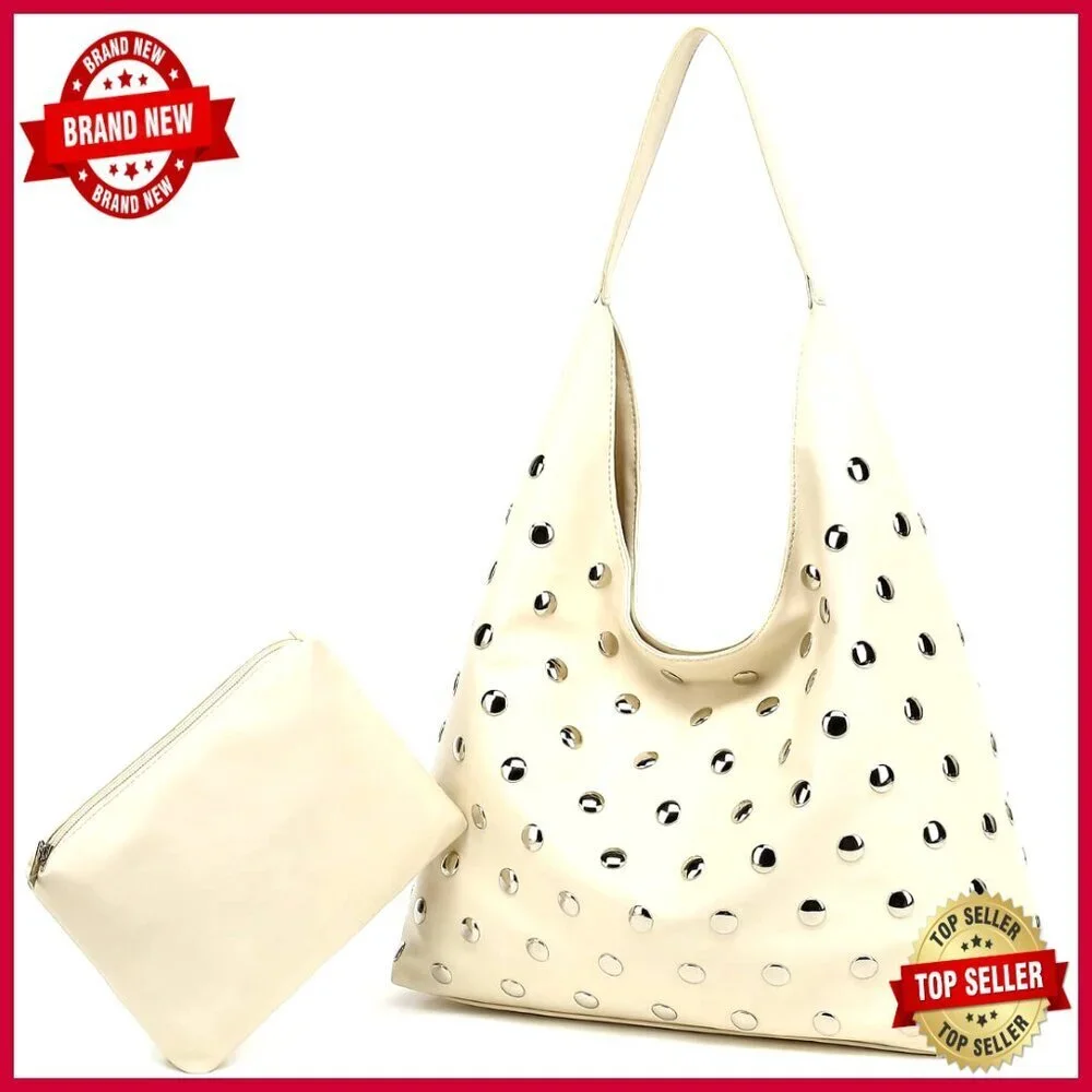 Vegan Leather Studded Hobo Tote Bag, Slouchy Shoulder Purse